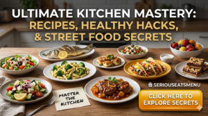 Assorted gourmet dishes including branzino fish, tacos, and healthy salads on a wooden kitchen table - SeriousEatsMenu