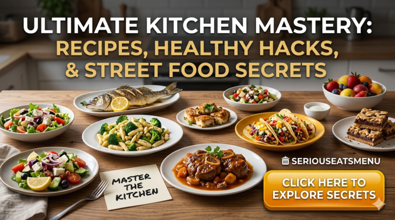 Assorted gourmet dishes including branzino fish, tacos, and healthy salads on a wooden kitchen table - SeriousEatsMenu