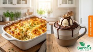 A collage of popular dishes including cheesy potato casserole and a chocolate mug cake - SeriousEatsMenu Top Recipes.