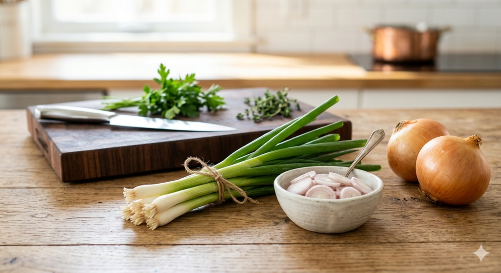A professional kitchen setup with leeks, shallots, and green onions on a wooden cutting board for recipe substitution.