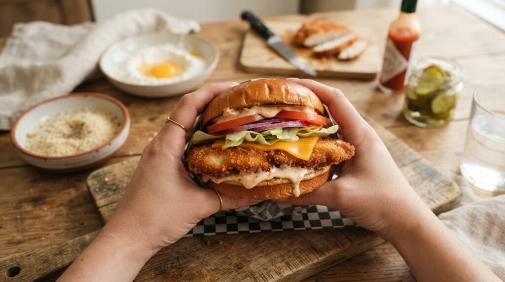 crispy chicken cutlet sandwich with fresh tomatoes lettuce and french fries