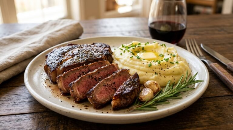 Sliced juicy pan-seared ribeye steak with a brown caramelized crust served next to smooth creamy mashed potatoes with melted butter on a plate.